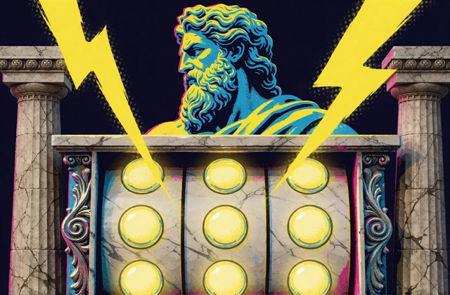 Pop-Art-Kartenmotiv mit Donnergott, Multiplikator-Kugeln und Blitzen f&uuml;r den hochvolatilen Slot Gates of Olympus