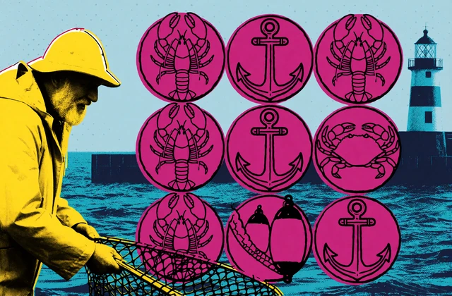 Pop-Art-Kartenmotiv mit Fischer und Cluster-Raster aus Meeressymbolen f&uuml;r den Cluster-Pays-Slot Le Fisherman