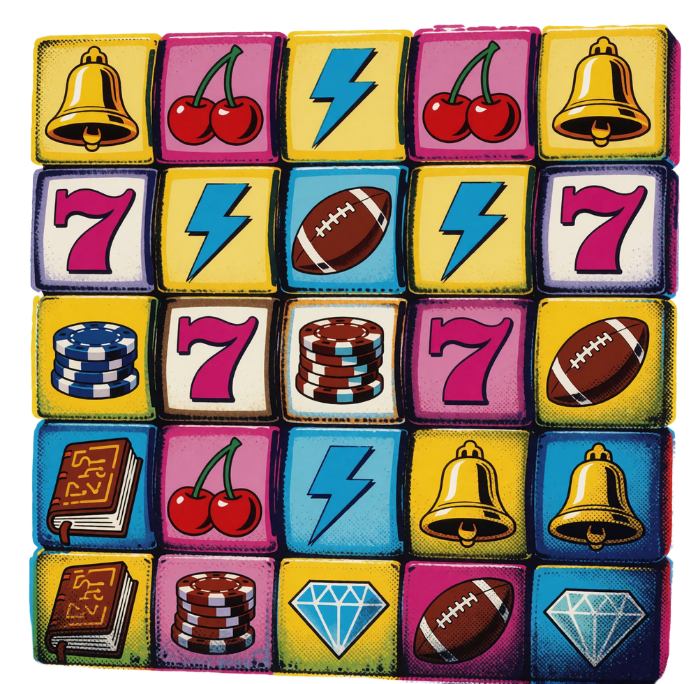 Pop-Art-Rasterwand aus stilisierten Slot-Kacheln mit Glocken, Sieben und Football-Symbolen als Bild f&uuml;r die Online Spielautomaten bei BetScore
