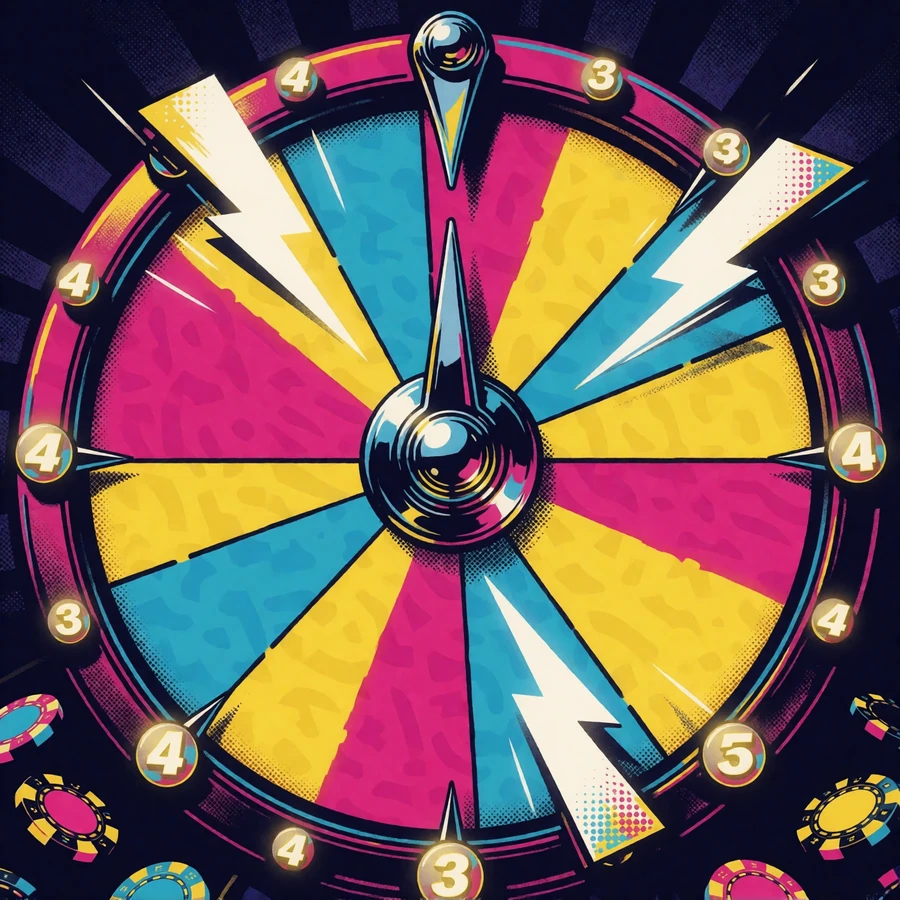 Pop-Art-Grafik eines segmentierten Game-Show-Rads mit Blitzsymbolen als Sinnbild f&uuml;r Lightning Roulette und Crazy Time im Live Casino