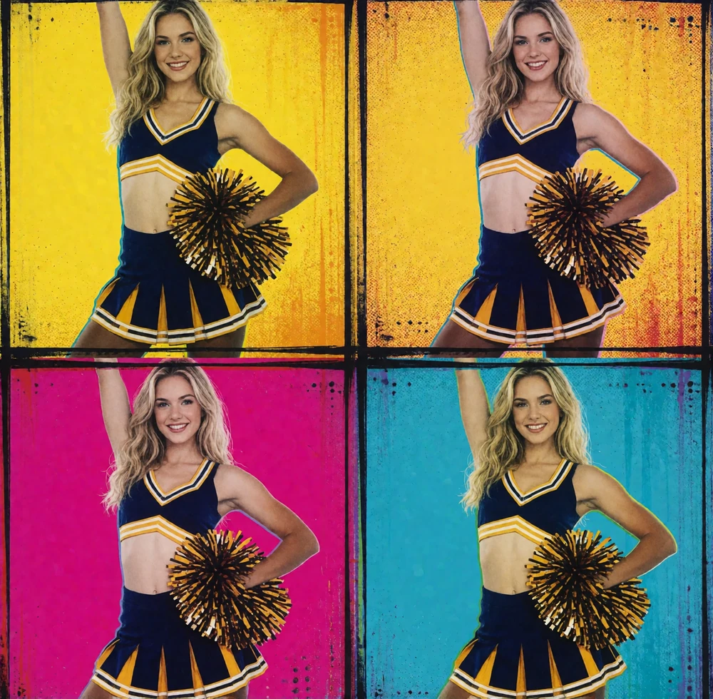 Pop-Art-Siebdruck mit vierfach dupliziertem NFL-Cheerleader-Motiv in Gelb, Magenta und Cyan als Markenbild f&uuml;r das Online Casino BetScore
