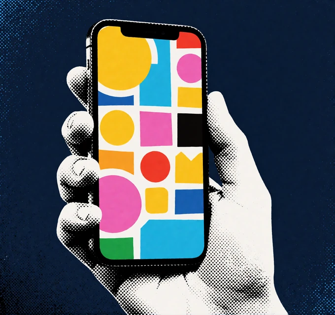 Hand mit Smartphone und farbigem Lobby-Raster im Pop-Art-Stil als Hinweis auf das mobile Spielen im Browser bei BetScore