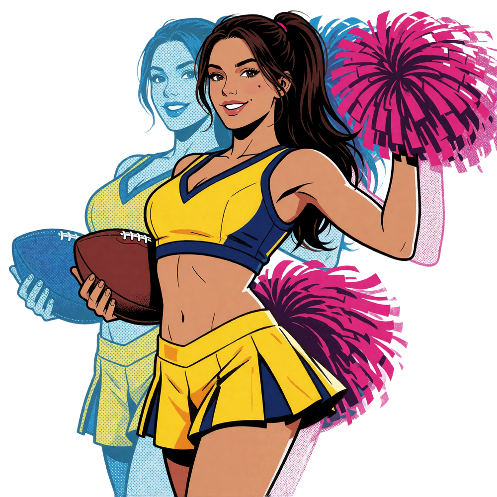 Pop-Art-Cheerleaderin mit American Football und Pompon als Markenbild f&uuml;r den Sportwetten-Bereich von BetScore