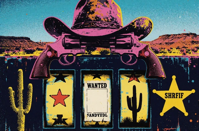 Pop-Art-Kartenmotiv im Wildwest-Stil mit Hut, Revolvern und Walzen f&uuml;r hochvolatile Slots von Hacksaw Gaming