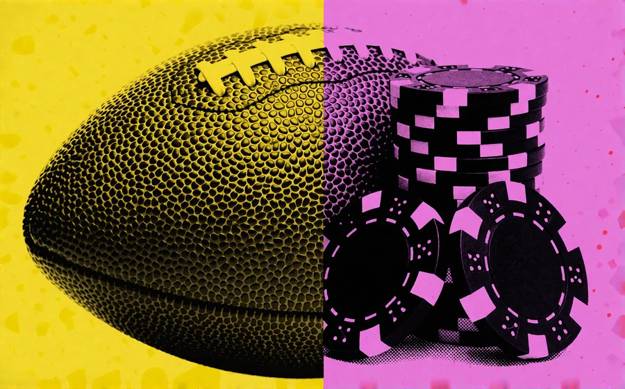 Pop-Art-Motiv mit American Football auf Gelb und Casino-Chips auf Magenta als Symbol f&uuml;r Sportwetten und Casino in einem Konto