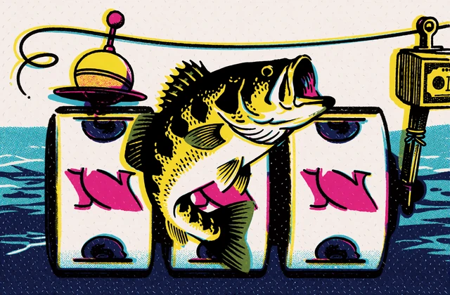 Pop-Art-Kartenmotiv mit springendem Fisch und Walzen als Bild f&uuml;r den Hold-and-Win-Slot Big Bass Bonanza
