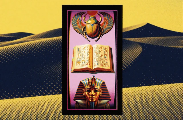Pop-Art-Kartenmotiv mit &auml;gyptischer Walze und Buchsymbol f&uuml;r den Slot-Klassiker Book of Dead