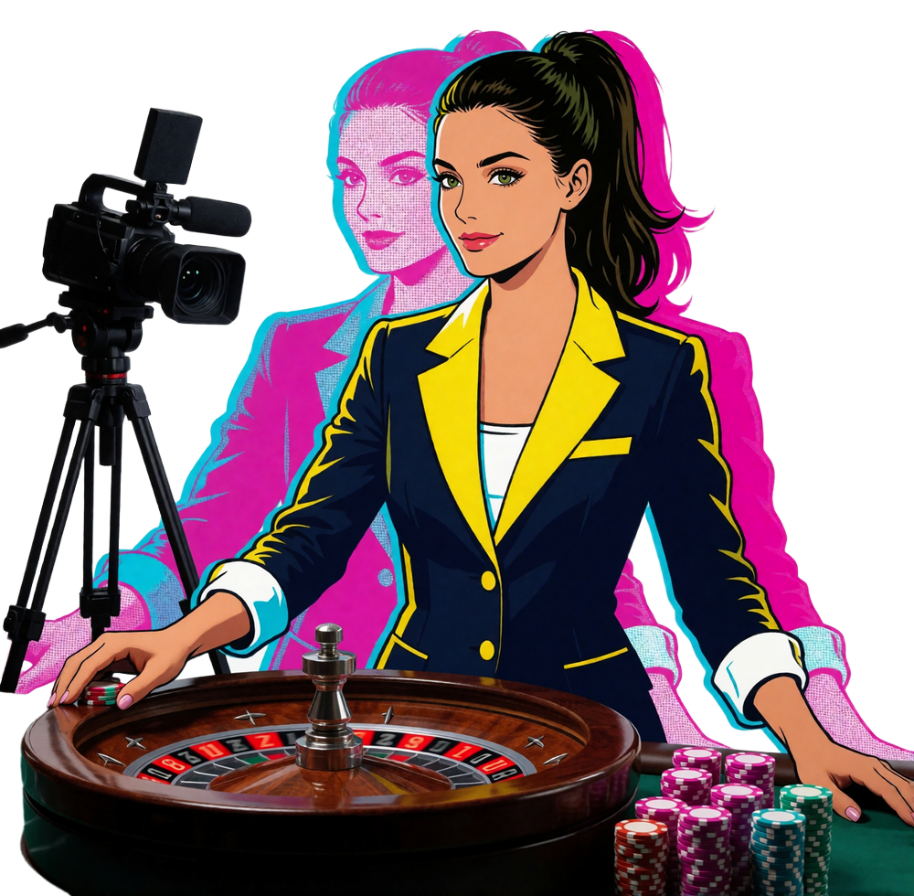 Pop-Art-Freisteller einer Live-Dealerin am Roulettetisch mit Kameraaufbau als Bild f&uuml;r das Live Casino von BetScore