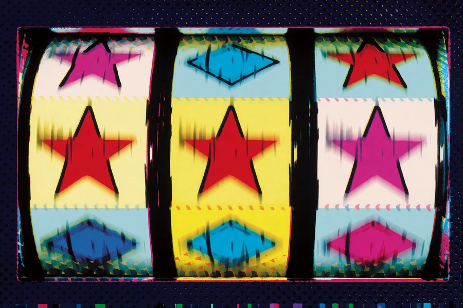 Pop-Art-Grafik rotierender Walzensegmente mit Sternsymbolen als Sinnbild f&uuml;r Freispiele und Free-Spin-Mechanik bei BetScore