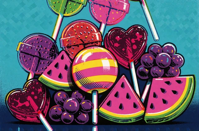 Pop-Art-Kartenmotiv mit S&uuml;&szlig;igkeiten-Raster und fallenden Bonbons als Sinnbild f&uuml;r Cluster-Pays-Slots wie Sweet Bonanza