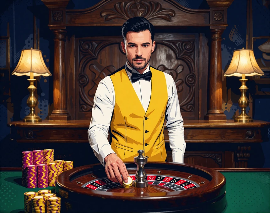 Live-Dealer im Gold-Saloon-Studio von BetScore am Roulettetisch mit goldenen Chips und warmer Studiobeleuchtung