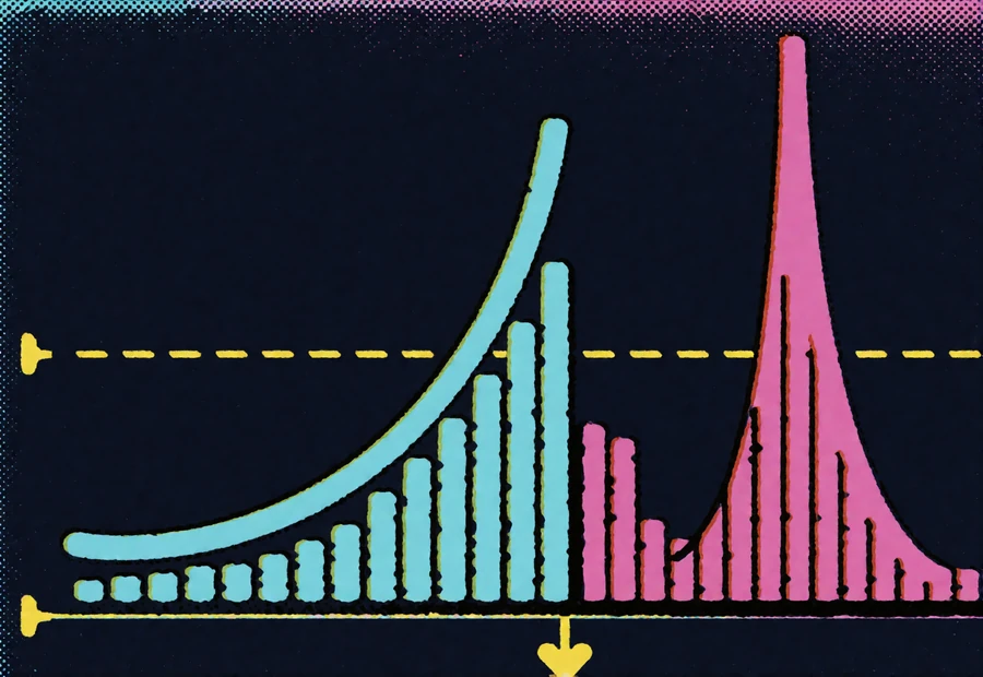 Pop-Art-Diagramm mit flacher und spitzer Auszahlungskurve zur Erkl&auml;rung von RTP und Volatilit&auml;t bei Online Spielautomaten